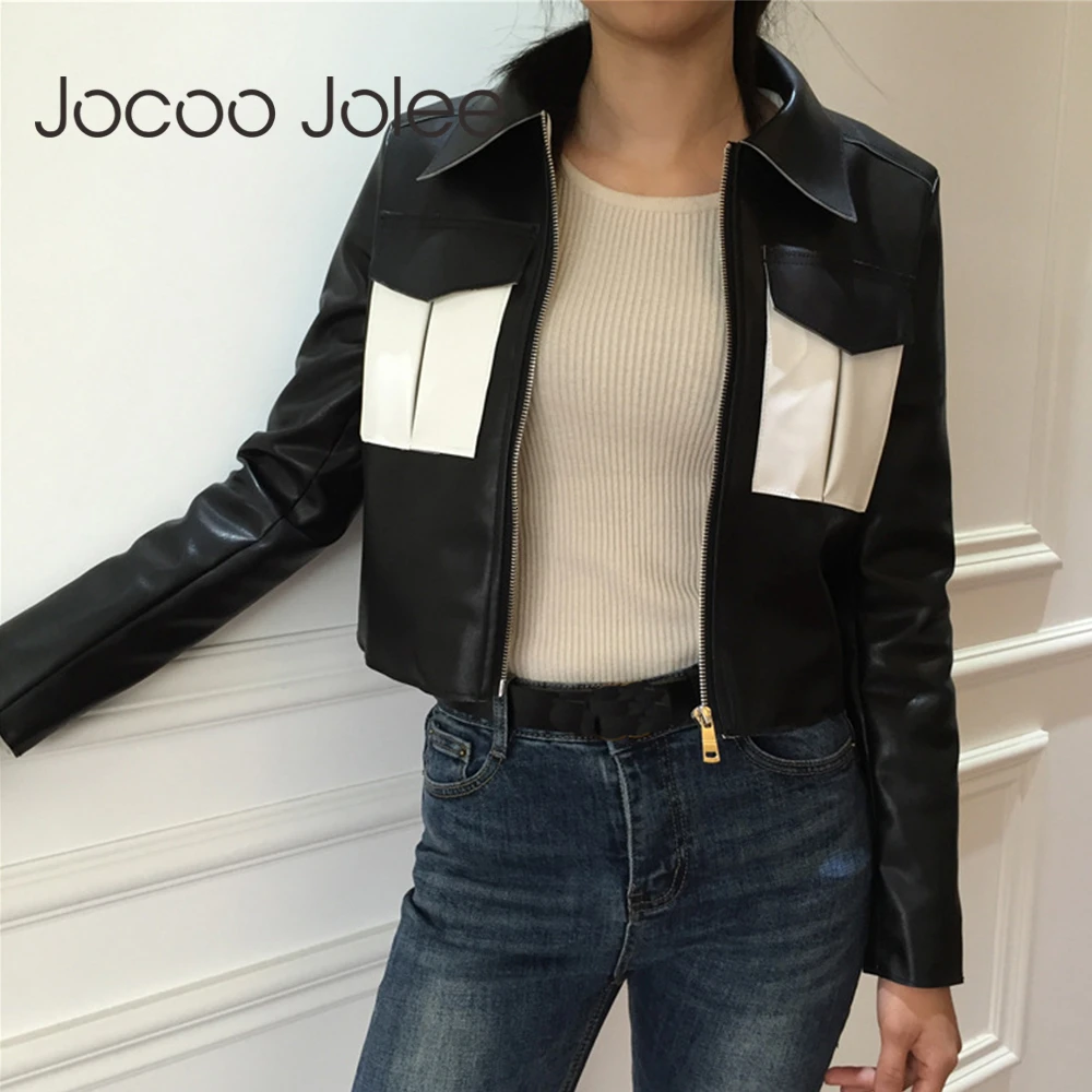 

Jocoo Jolee Women Winter Fashion Panelled Color PU Faux Leather Jacket Fashion Pockets Biker Jackets Short PU Leather Coats 2019