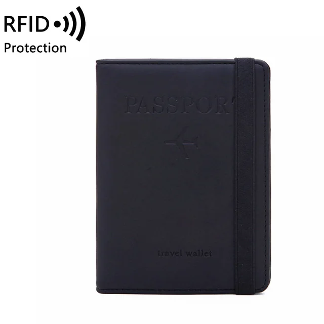 Elastic Band Leather Passport Cover RFID Blocking For Cards Travel Passport Holder Wallet Document Organizer Case Men Women black
