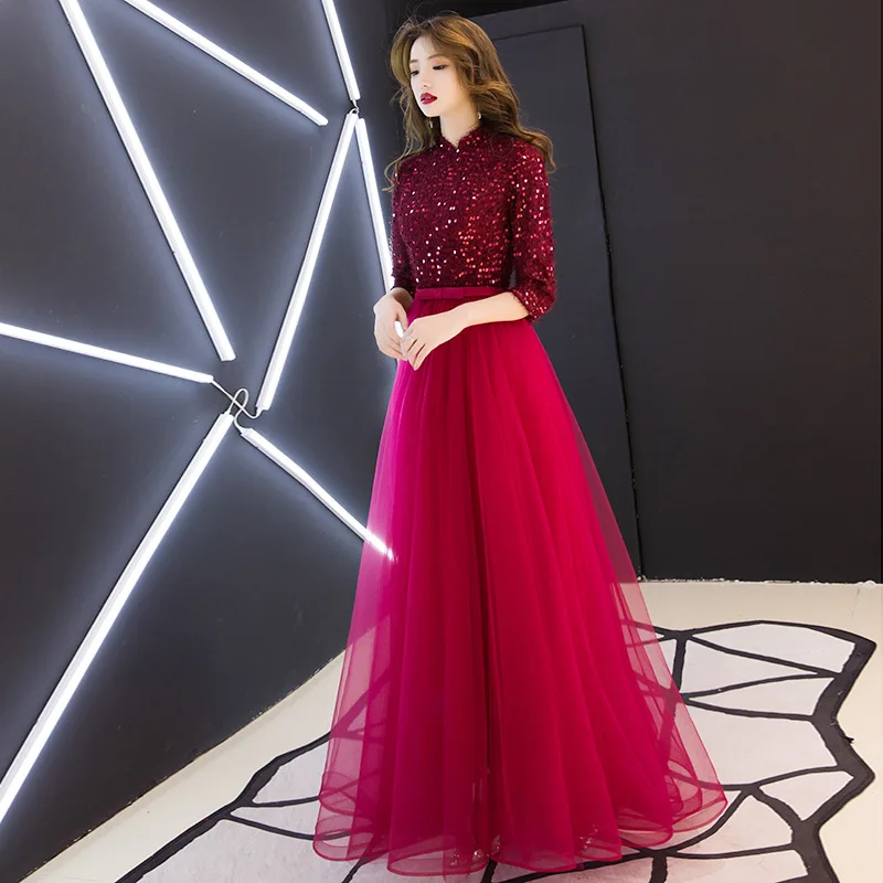 Блестками модные полной длины восточные вечерние женские Cheongsam шоу на сцене платье Qipao; элегантные туфли в стиле знаменитостей; для торжеств Платья De Festa