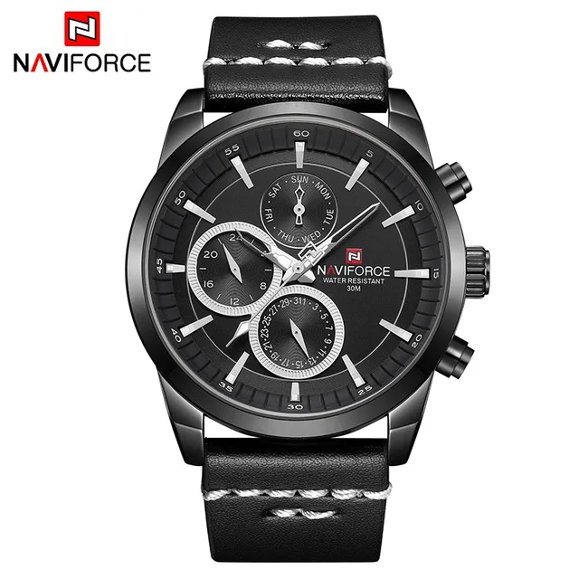 Мужские часы NAVIFORCE, люксовый бренд, Мужские кварцевые часы с датой 24 часа, мужские водонепроницаемые часы, мужские спортивные кожаные Наручные часы Starp - Цвет: black black black