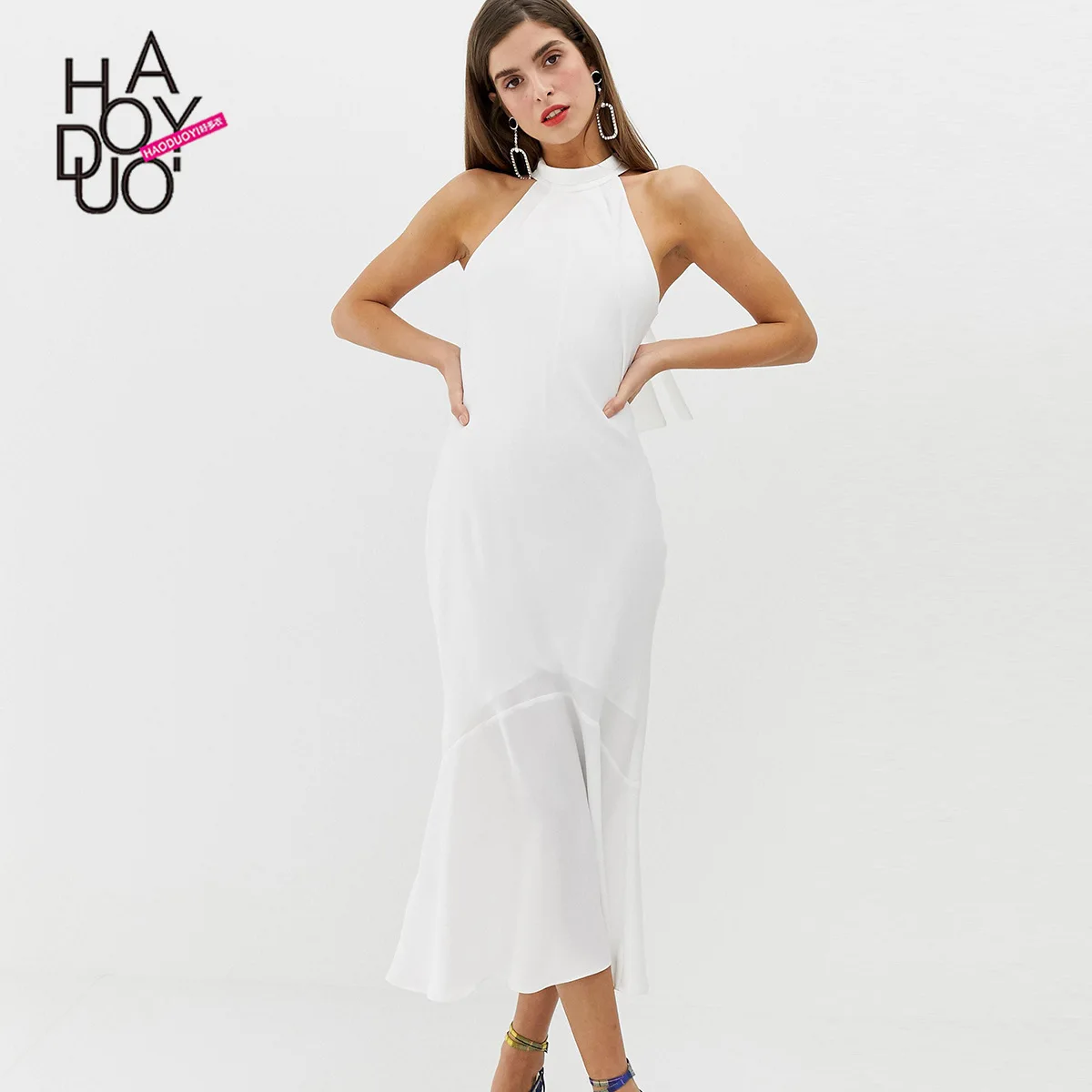 

Summer New Style Europe And America Fashion Simple Waist Hugging Crew Neck Back Bow Bandage Cloth White Sleeveless Dress
