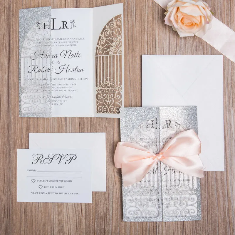

(100 pieces/lot) Laser Cut Wedding Gate Shape Invitation Card Personalized Print Silver Glittery Party Invitation Cards IC140
