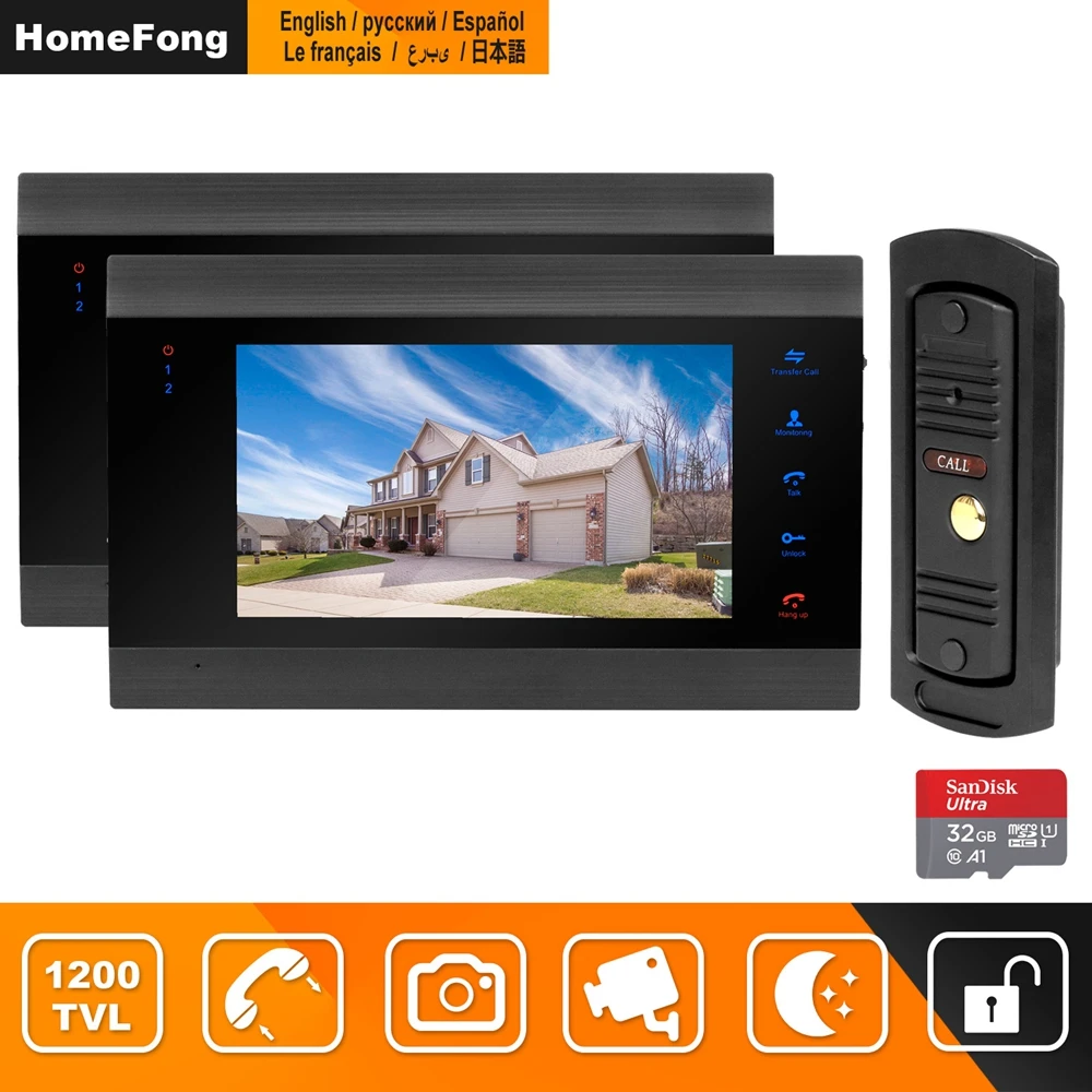 HomeFong Wired Video Intercom for Home Security System Video Door Phone with 2 Monitor 1 Doorbell Camera Motion Detect Recording