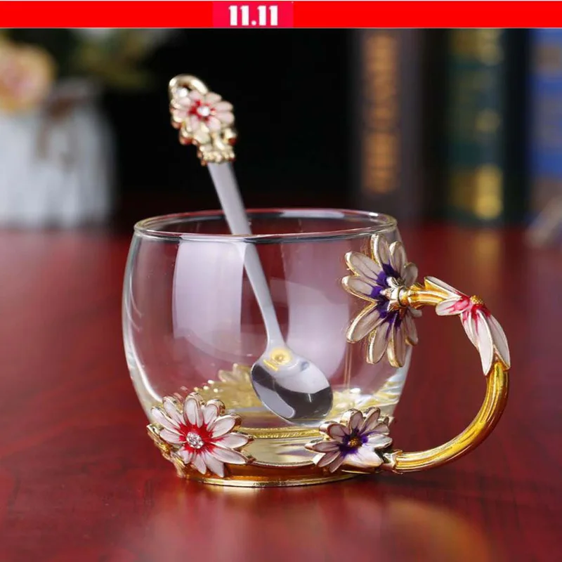Short cup with spoon Винная мебель Хрустальная чашка цветочный чай стеклянная чашка для воды Кофейная Кружка Пивная Кружка Рождественская кружка шампанского вина чашка - Цвет: Short cup with spoon