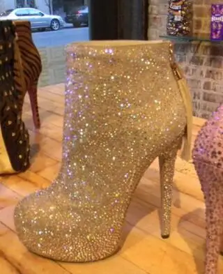 

Sexy Rhinestone Crystal Ankle Boots Round Toe Stiletto Heel Women's Boots Bling Bling Crystal Zipper Runway Short Bootie