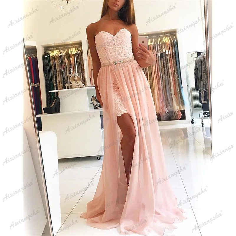 

Aixiangsha Cocktail Dress Strapless Chiffon Sleevelesss Vestido Appliques Beads Belt Graduation Tail Formal Robe De Soiree