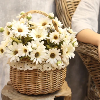 

HOT Round Hand-Woven Wicker Basket with Handles Simulation Flower Basket Home Storage Basket Children's Small Basket