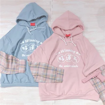 

Japanese Women Harajuku Hoodies Autumn Kawaii Cute Fake Two Piece Hooded Color matching Pullover Girls Student Sweatshirt Korean