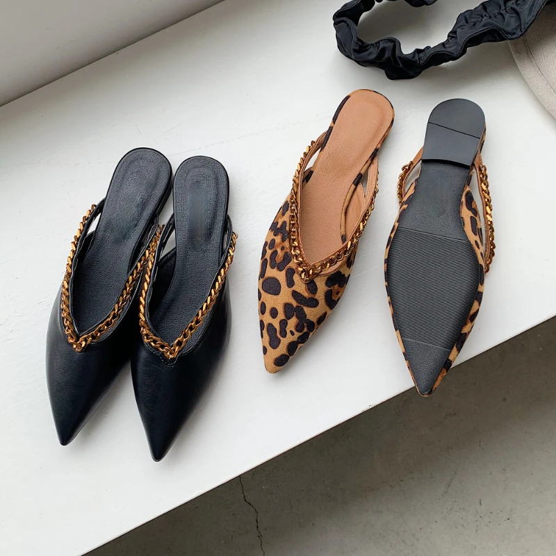 

Women's Chain Pointed Toe Shoes 2021 New Flat Shoes Closed Toe Leopard Print Half Slippers Summer Slippers