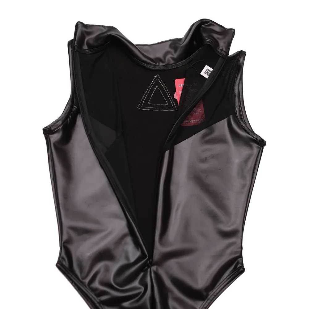 Women Leotard PU Faux Latex Leather Bodysuit High-Neck High Split Conjoined Tank Corset Catsuit Bathing Suit One-Piece Swimsuit