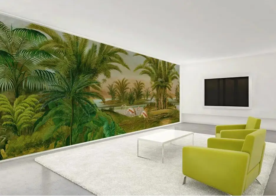 Пользовательские обои 3d papel де parede свежий минималистичный зеленый ручная роспись тропический лес листва ТВ фон обои 3d