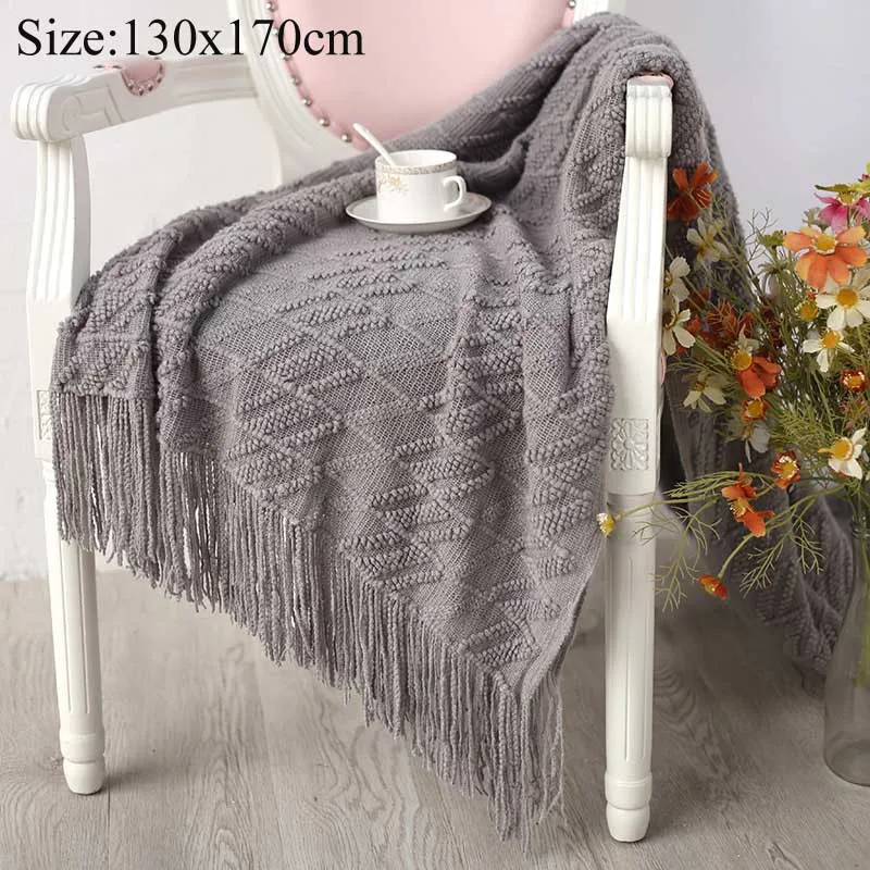 Супер мягкий искусственный кашемир плед одеяла с кисточками украшения дома Nordic Стиль Повседневное вязаный Одеяло для кровати дивана крышка одеяло - Цвет: Grey-B