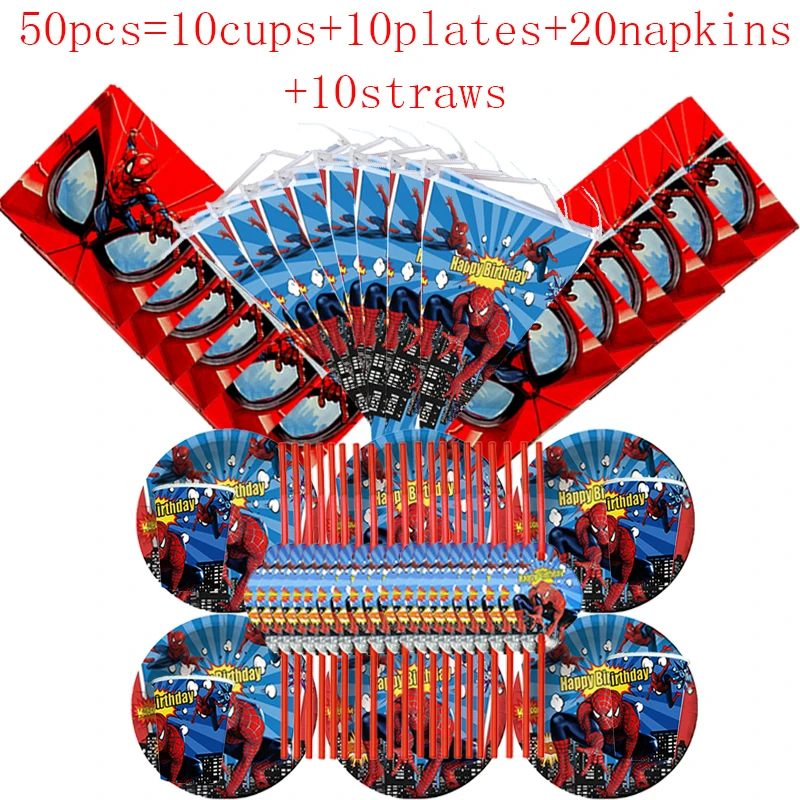50 pc Red Spiderman Theme Birthday Party Set Decorations Plate Straw Napkin Flag Kids Boy Children Day Supplies Super Hero | Дом и сад