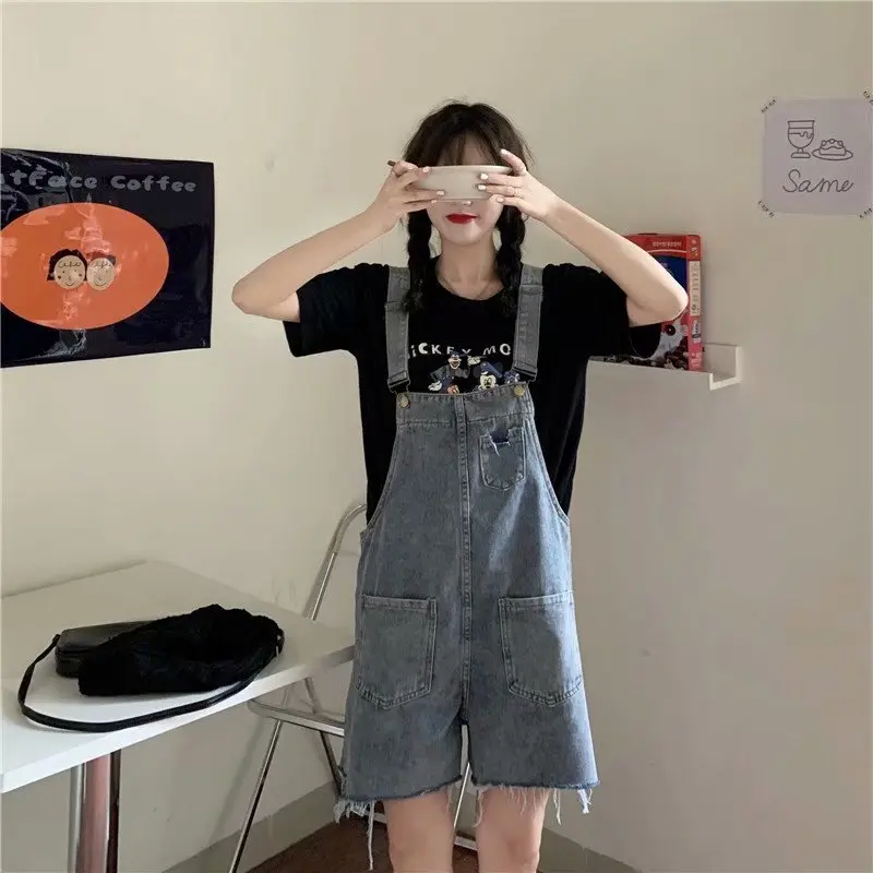 

Denim straps female Japanese youth students cute loose shorts new tide was thin straight high waist Siamese pants summer