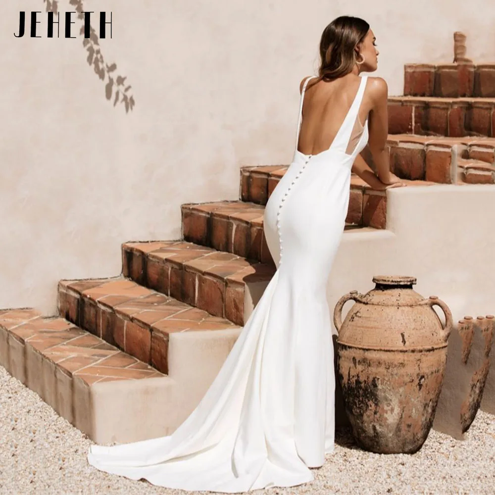 JEHETH Backless Square Collar Satin Mermaid Wedding Dress Sexy White Spaghetti Straps Chic Boho Bridal Gowns vestidos de novia pink wedding dress