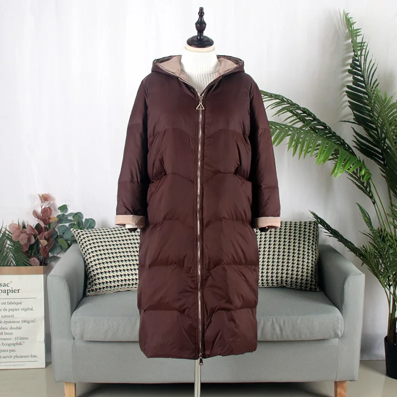 New Korean Style Baseball Down Jacket Coat Loose Winter Long Outwear 90% White Duck Down Coat Over Size - Цвет: Coffee with hood