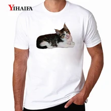 Casual New Fashion T-Shirt Mens Short Sleeve Cat Printed Tee Shirts Harajuku Casual Streetwear White Tops