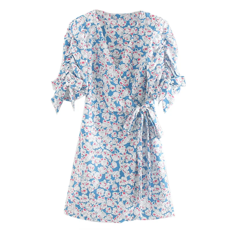 

Vintage Stylish V Neck Floral Print Mini Wrap Dress Women Fashion Bow Tie Sashes Summer Dresses FFZYQ443