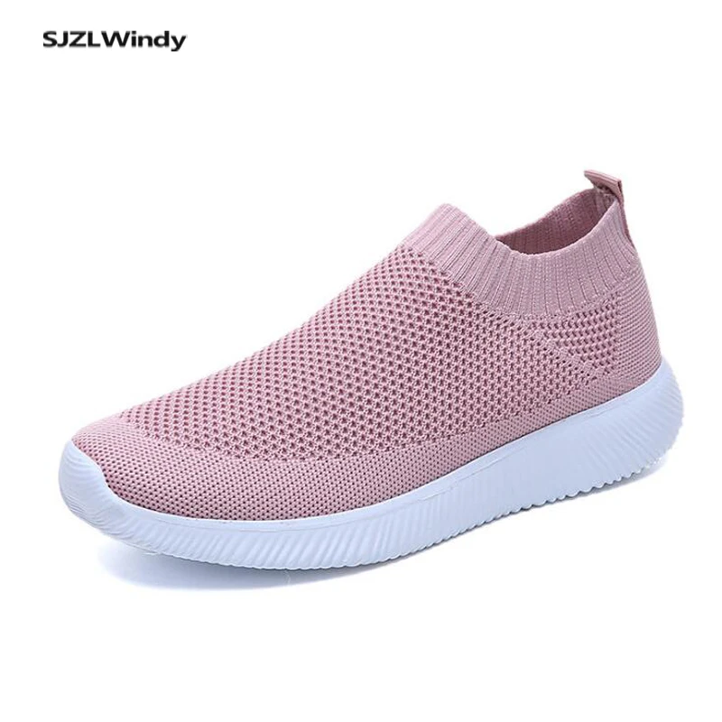 

Women's Shoes Sneakers Flat Knitting Autumn Plus Size 2019 New Female Mesh Vulcanized Ladies Slip On Breathable Casual 36-43