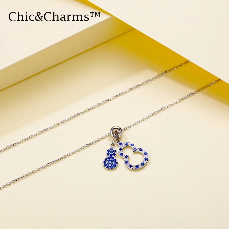 Chic&Charms 9K&14K Real White Gold Natural Diamond Sapphire Chains Necklaces Gourd Pierced women Necklace