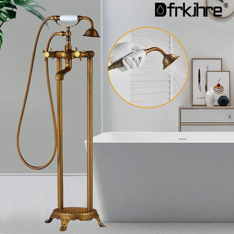 Shower Set Antique Brass Floor Mounted Tub Sink Faucet Dual Handle Bath Shower for Bathtub