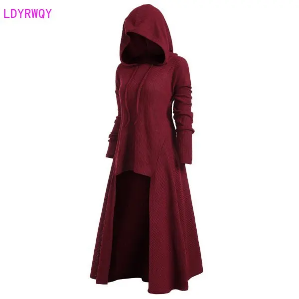 

2019 autumn and winter new European and American women's large size hooded collar casual loose stretch solid color dress