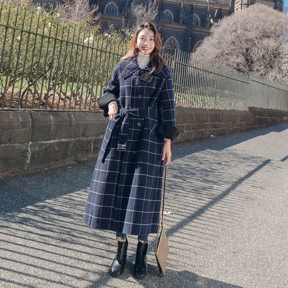 

Photo Shoot Contrast Color Plaid Woolen Coat 2019 Winter New Style Fashionable WOMEN'S Dress Retro Laziness-Style Waist Hugging