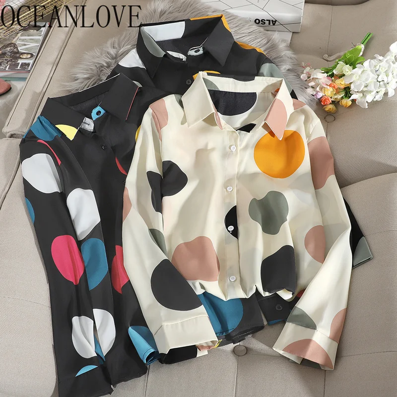 OCEANLOVE Chic Polka Dot Fashion Women Tops Long Sleeve 2020 Spring Chiffon Blouses Loose Print Casual Ins Ropa Mujer 13977 |