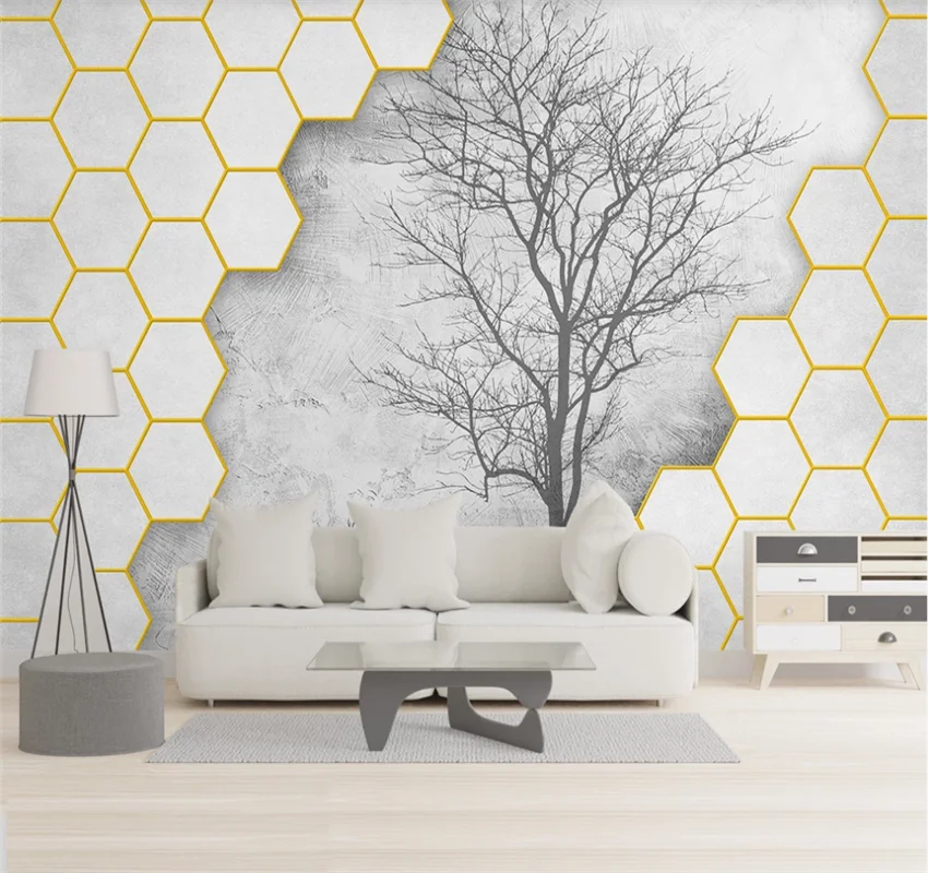 

XUESU Modern three-dimensional hexagon big tree silhouette elk background wall 3D wallpaper mural wall covering