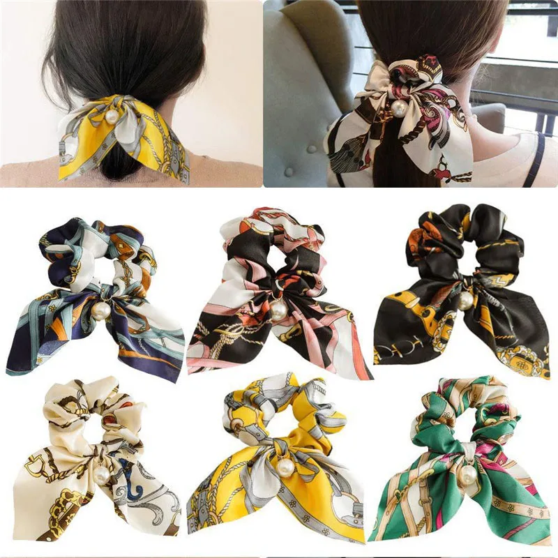 

Chiffon Bowknot Elastic Hair Bands for Women Girls Pearl Ribbon Scrunchies Headband Hair Ties Ponytail Holder Hair Accessorie
