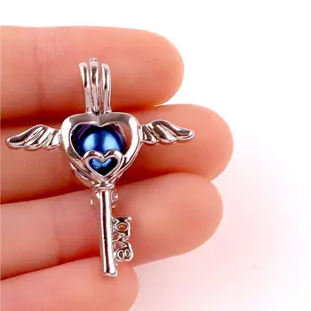 

10Pcs Romantic Angel Wing Key Shaped Cage Floating Locket Finding Pearl Harmony Ball Handcraft Essential Oil Jewelry