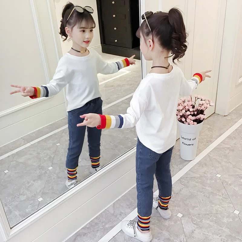White Top Детские толстовки для девочек, новинка года, тонкая детская одежда с радужными рукавами для девочек осенний корейский вариант пуловера топ в полоску - Цвет: White Top