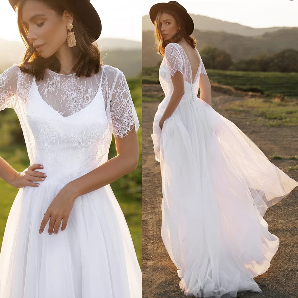 

Rustic Short Sleeves Lace Wedding Dress Boho Beach Plus Size Custom Made Open Back A Line Boat Bateau Neck Tulle Bridal Gowns