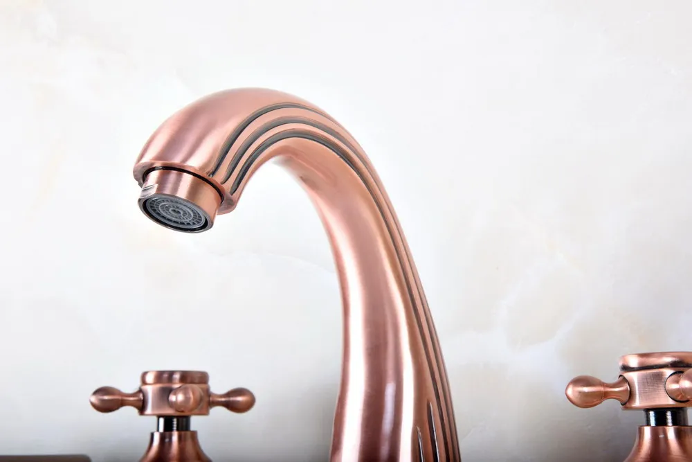 Antique Red Copper Brass Widespread Deck-Mounted Tub 5 Holes Three Handles Bathroom Tub Sink Basin Faucet Tap Hand Spray mtf182