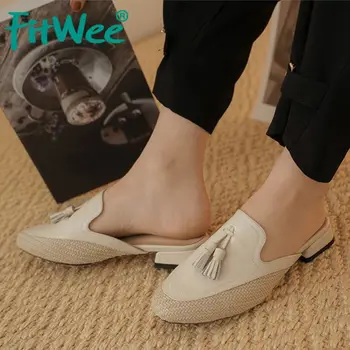 

Fitwee New Women Sandals Shoes Fashion Fringe Round Toe Slippers Shoes Women Square Heels Slip On Lady Footwear Size 34-39