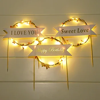 

LED Glowing Flower Wreath Cake Topper Happy Birthday Cake Decor For Birthday Party Gold Leaves Cake Toppers
