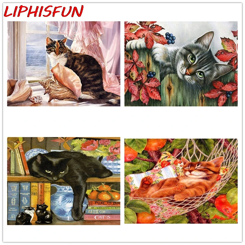 LIPHISFUN алмазная живопись окно кошка книжная полка Алмазная Вышивка Полный дисплей
