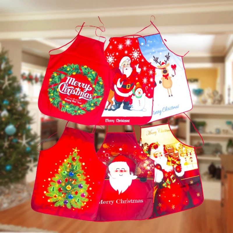 

Christmas Apron Printing Ornaments Christmas Tree Deer Snowman Apron Big Pocket Brief Fabric Kitchen Baking Cooking Bib Apronfor