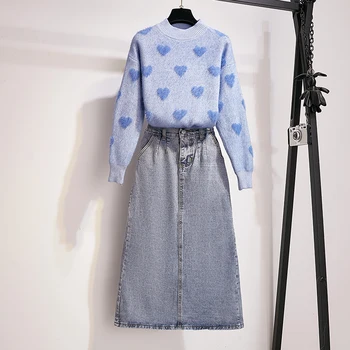 

2019 Autumn Winter Women Loose Love Pullover Sweaters & Denim Skirt 2 Pcs Clothing Set Outfit Vestido Clothes Casual Knitwear