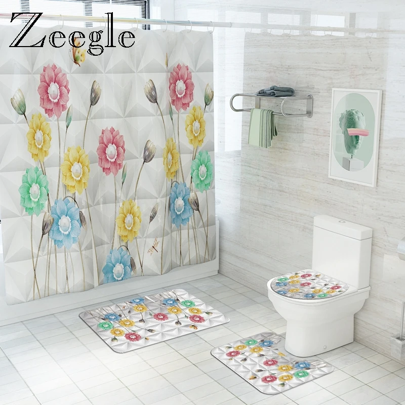 Floral Printed Bath Carpet Shower Curtain Toilet Floor Mat Toilet Seat Non-Slip Bathroom Carpet Mat Microsoft Toilet Rugs