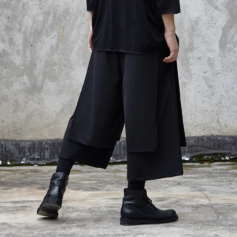Men Elastic Waist Spliced Loose Casual Straight Wide Leg Pants Male Streetwear Hip Hop Punk Gothic Harem Pant Skirt Trousers