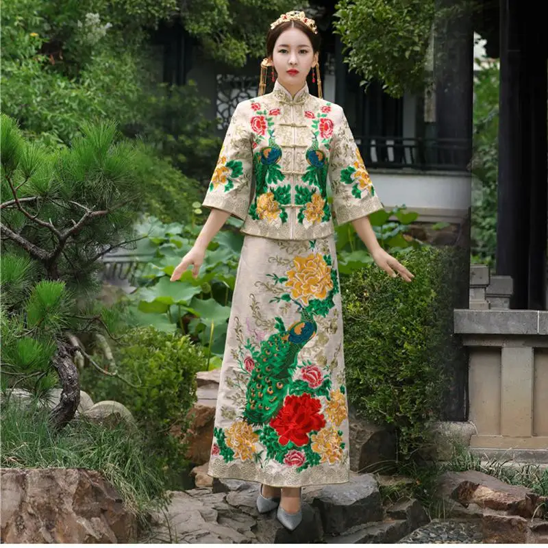 Для молодых девушек, 3/4 рукав, китайское платье Cheongsam, воротник-стойка, длина до пола, свадебное платье невесты, традиционное женское платье Qipao Tang, костюм - Цвет: Белый