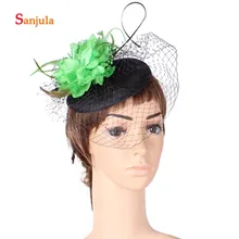 Черные Шляпы с зелеными цветами ручной работы привлекательные женские вечерние шляпы с лицевая вуаль свадебные fanscinaters sombrero bodaH367