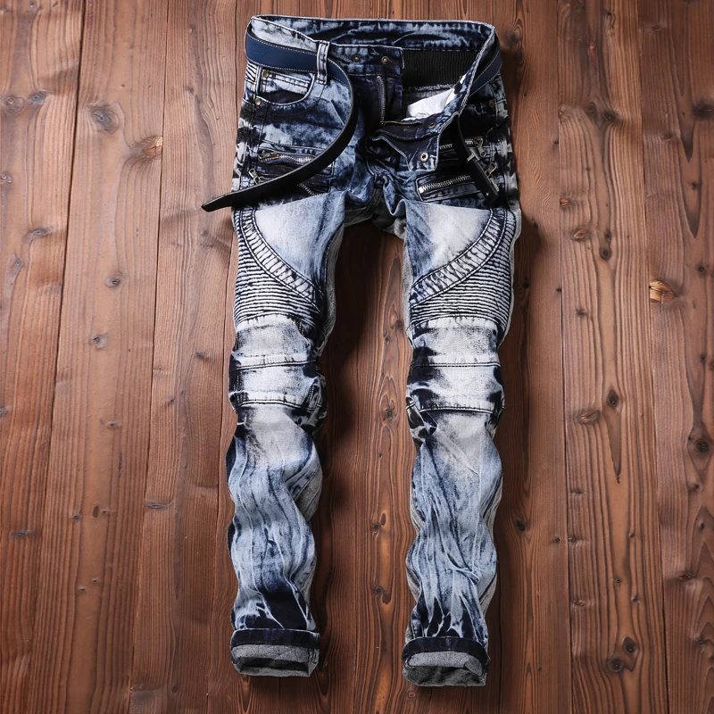 

2018 Men Jeans Ripped Biker Hole Denim Patch Harem Straight Punk Rock Slim Fit Classic Hip Hop Blue Jeans For Men Pantsf