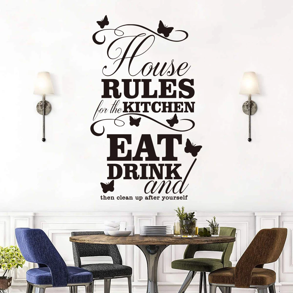 

House Rules for Kitchen Quote Wall Sticker Dining Room Eat Drink Clean Up Butterfly Family Wall Decal Home Decor