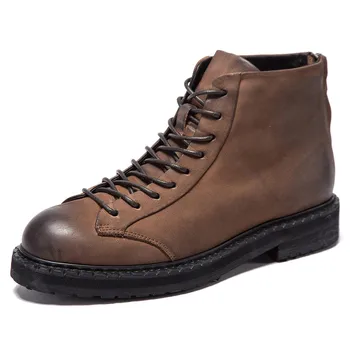 

England Mens Hand Made Style Retro Zipper Genuine Leather High Top Shoes Men Round Toe Quality Platform Ankle Boots