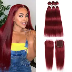 99J/бордовые, человеческие волосы Weave Связки с кружевом Закрытие 4X4 бразильский Прямо красного цвета-Remy пряди волос на сетке X-TRESS