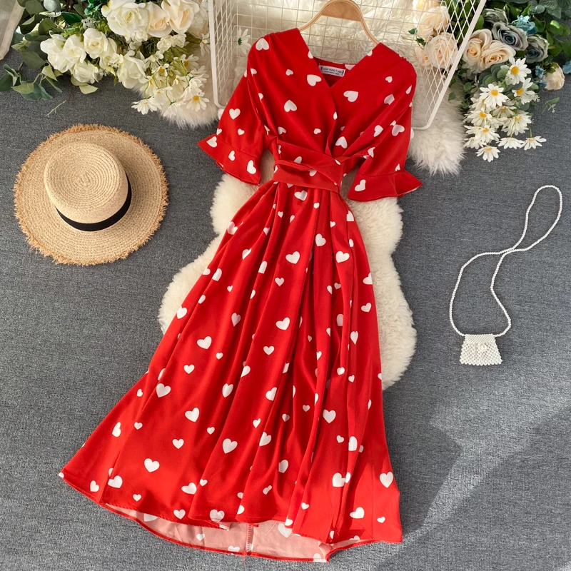 SINGRAIN Women Long Print Dress Summer Holiday French Korean Romantic Beach Dress Short Sleeve Clubwear Bohemian Floral Sundress