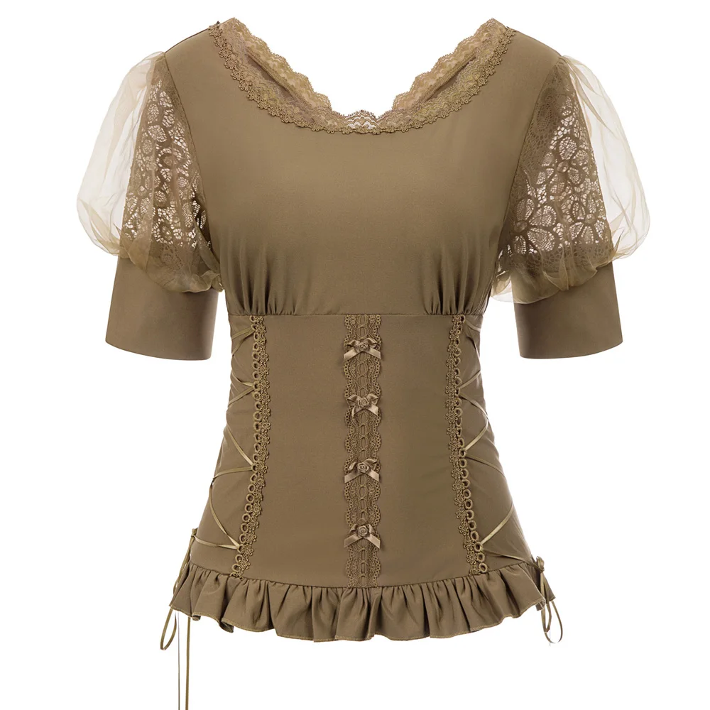 Coffee Grace Karin Модные женские удобные топы в корсетном стиле, 1/2 рукав, кружевная вышивка, v-образный вырез, Ретро стиль, готический стиль, викторианский стиль, Рубашки, Топы - Цвет: Coffee