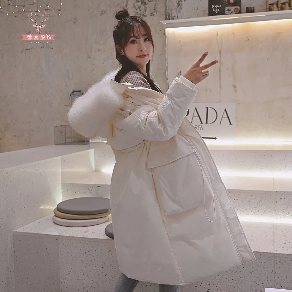 

Winter Women Big Fur Collar Oversize Down Long Coat Female Thick Warm Hooded White Duck Down Jacket Parka
